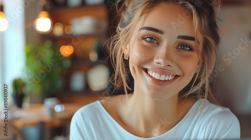 woman, smiling student using laptop computer sitting on chair in cafe