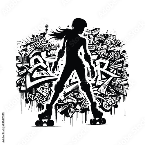 Inline Skating, roller skate   female player in graffiti tags, street art pattern illustration, emblem shield badge