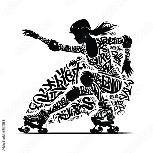 Inline Skating, roller skate   female player in graffiti tags, street art pattern illustration, emblem shield badge