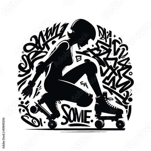 Inline Skating, roller skate   female player in graffiti tags, street art pattern illustration, emblem shield badge