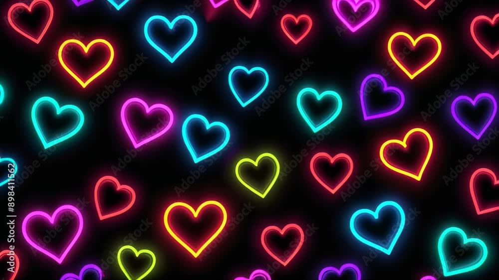 Neon hearts on dark background. Neon Animation Neon hearts on dark background. Neon Animation