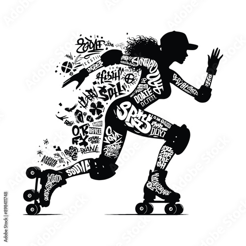 Inline Skating, roller skate   female player in graffiti tags, street art pattern illustration, emblem shield badge