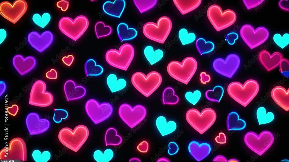 Neon hearts on dark background. Neon Animation Neon hearts on dark background. Neon Animation