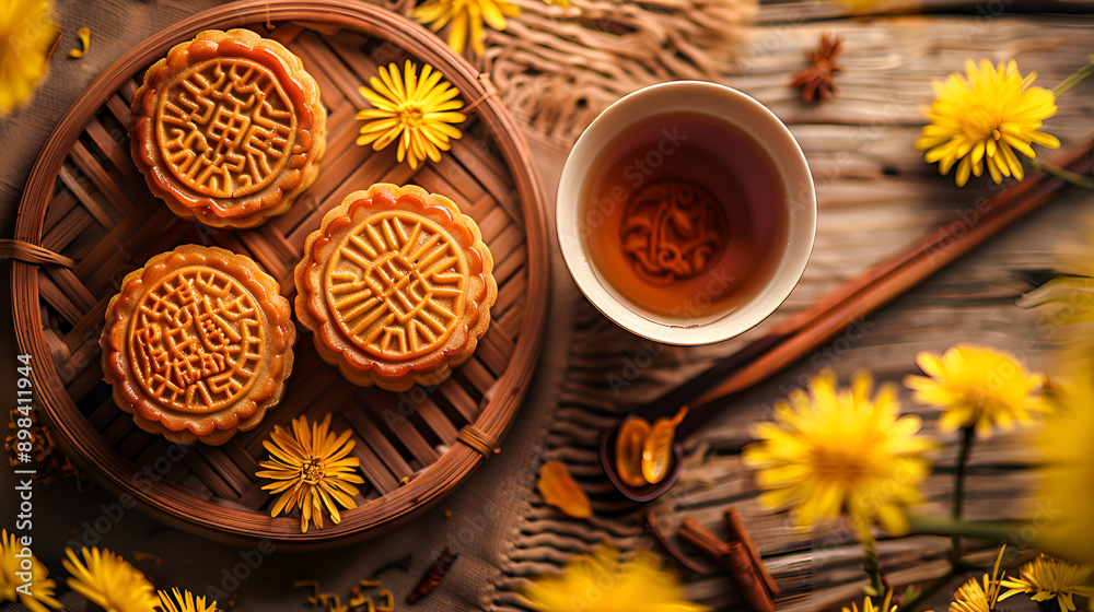 Traditional Chinese food moon cake,top shot of moon cake and Chinese tea. Traditional Chinese food moon cake,top shot of moon cake and Chinese tea.