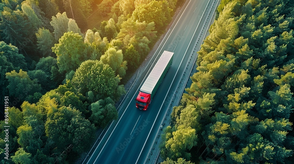 Aerial view of a lone red truck traversing a straight highway cutting through lush green forest, bathed in warm sunlight, symbolizing journey and nature. Aerial view of a lone red truck traversing a straight highway cutting through lush green forest, bathed in warm sunlight, symbolizing journey and nature.
