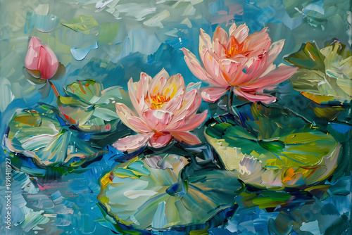Oil painting of pink water lilies and lush green lily pads on a peaceful pond, showcasing vibrant colors and calm atmosphere.