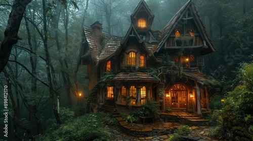ethereal woodland dwelling nestled among towering trees glowing windows magical aura moonlit forest fairy tale atmosphere whimsical architecture soft mist enchanted realm