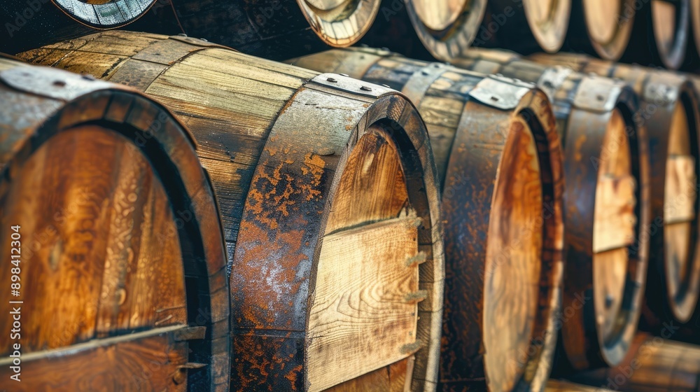 Wooden whiskey barrels stacked in a dimly lit cellar Wooden whiskey barrels stacked in a dimly lit cellar