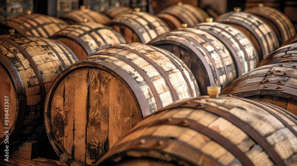 Wooden whiskey barrels stacked in a dimly lit cellar Wooden whiskey barrels stacked in a dimly lit cellar