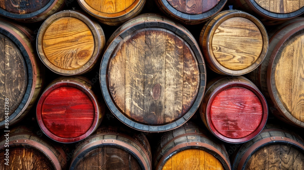 Wooden whiskey barrels stacked in a dimly lit cellar Wooden whiskey barrels stacked in a dimly lit cellar