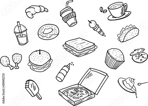 Set of hand drawn fast food and dessert doodle objects icons	
