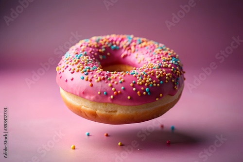 Floating Donut with Pink Icing and Sprinkles Against a Color Background