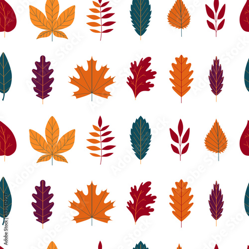 Botanical fall seamless ornament. Autumn leaves silhouettes - maple, oak, aspen, acacia. Golden season. Pattern, background, digital paper, wallpaper.