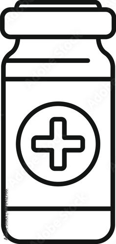 Medical glass vial with label showing medical cross sign icon outline, line style design for web and mobile, modern minimalistic sign