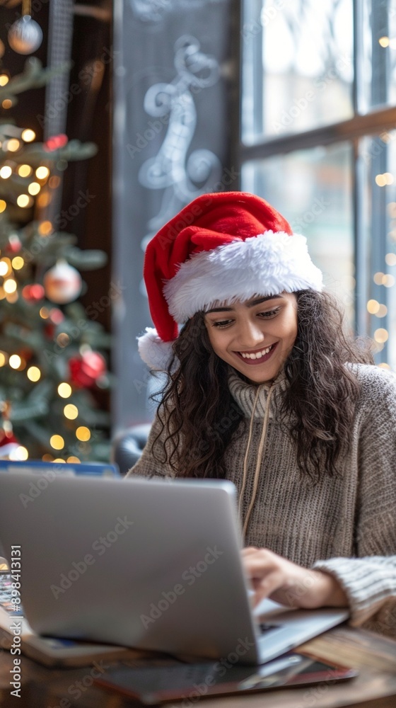 Festive holiday cheer radiates as a woman in a cozy sweater and Santa hat smiles while working on her laptop, surrounded by twinkling lights and Christmas decor. Festive holiday cheer radiates as a woman in a cozy sweater and Santa hat smiles while working on her laptop, surrounded by twinkling lights and Christmas decor.