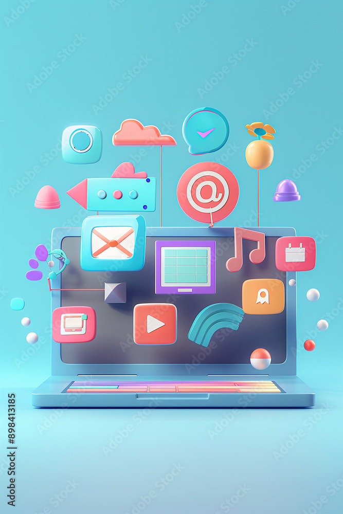 Animated product icons emerging from a laptop screen, showcasing digital marketing for online businesses, 3D render, Animated product icons emerging from a laptop screen, showcasing digital marketing for online businesses, 3D render,