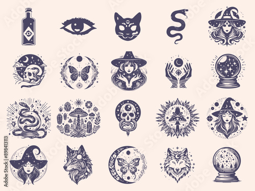 Set of mystical symbols, moon phases, crystals, witchy hands, crystal balls, wolf, mushroom, poison, celestial tattoo silhouette