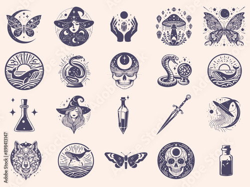 Set of mystical symbols, moon phases, crystals, witchy hands, crystal balls, wolf, mushroom, poison, celestial tattoo silhouette