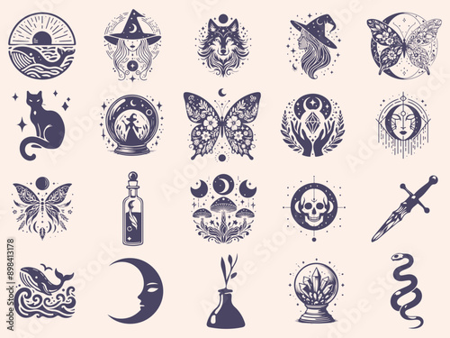 Set of mystical symbols, moon phases, crystals, witchy hands, crystal balls, wolf, mushroom, poison, celestial tattoo silhouette