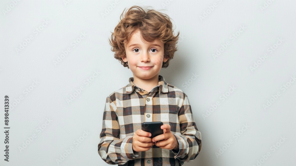 Cheerful young boy with curly hair wearing a plaid shirt smiles at camera, holding something in his hands against a plain light background. Cheerful young boy with curly hair wearing a plaid shirt smiles at camera, holding something in his hands against a plain light background.