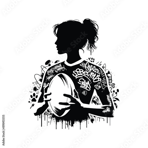 Rugby  female player in graffiti tags, street art pattern illustration, emblem shield badge