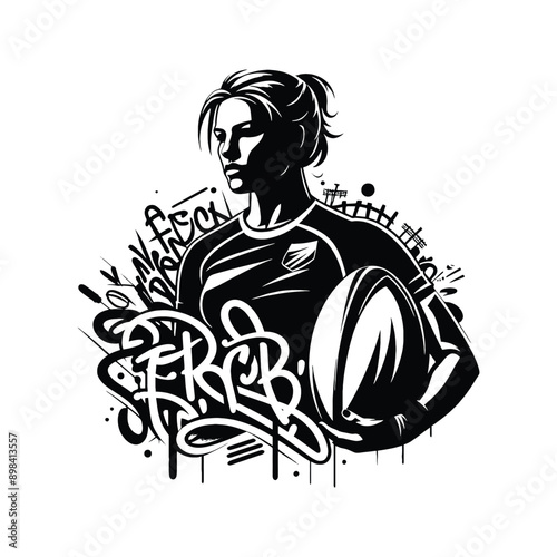 Rugby  female player in graffiti tags, street art pattern illustration, emblem shield badge