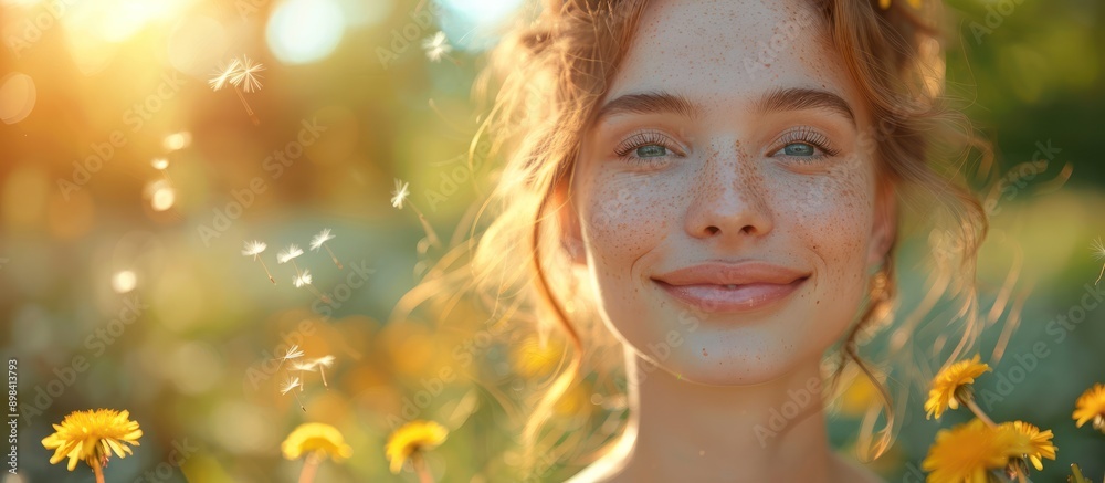 Smiling Woman with Freckles in a Field of Dandelions Smiling Woman with Freckles in a Field of Dandelions