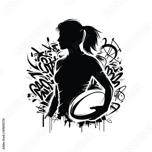 Rugby  female player in graffiti tags, street art pattern illustration, emblem shield badge