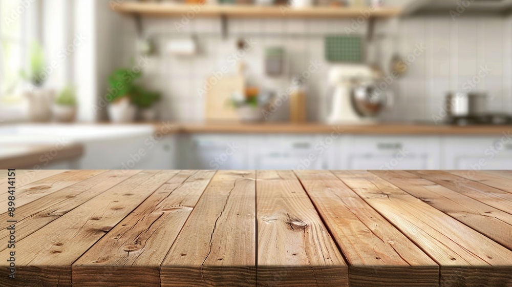 Rustic wooden tabletop in foreground with blurred modern kitchen interior, combining natural textures with contemporary design for a warm, inviting atmosphere. Rustic wooden tabletop in foreground with blurred modern kitchen interior, combining natural textures with contemporary design for a warm, inviting atmosphere.