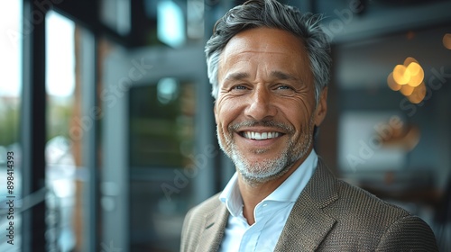 Mature 60 year old confident businessman executive standing in office looking at camera photo