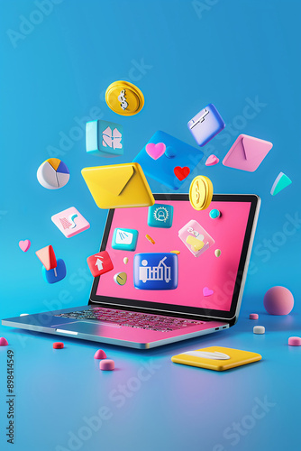 Laptop with floating product icons, visualizing multi-channel marketing strategies, 3D animation, photo