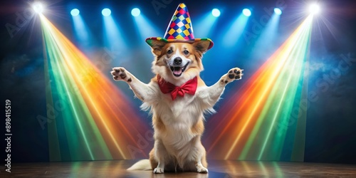 Adorable trained dog dons colorful oversized clown hat, standing on hind legs, paws held out, silly grin spreading across its face, circus spotlight shines bright. photo