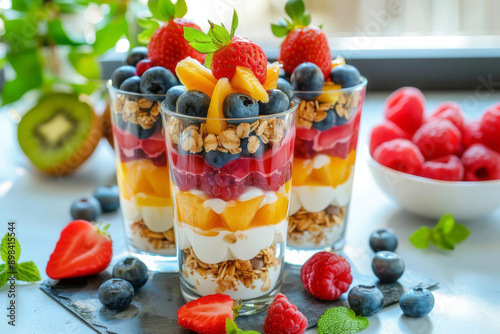 Healthy food, colorful fruit and yogurt parfaits on a table, detailed and inviting photo