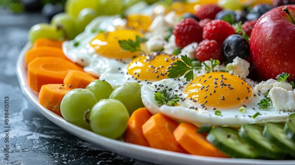 Healthy food, closeup of a healthy breakfast platter with eggs, vegetables, and fruits, vibrant and inviting Healthy food, closeup of a healthy breakfast platter with eggs, vegetables, and fruits, vibrant and inviting
