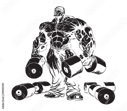 Heaviest Bodybuilder Weight Lifter with Two Dumbbells in both hands Clipart Art Vector for T-shirts and Wall Decal Workout Athletic Gym Muscle Logo Fitness Beast Barbell Healthy Wall Sticker for Decor
