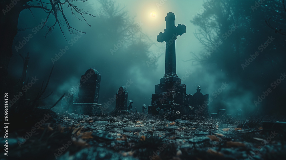 Eternal Slumber: A weathered cross casts an eerie shadow over a fog-enshrouded graveyard, evoking an unsettling mood of mystery and dread.