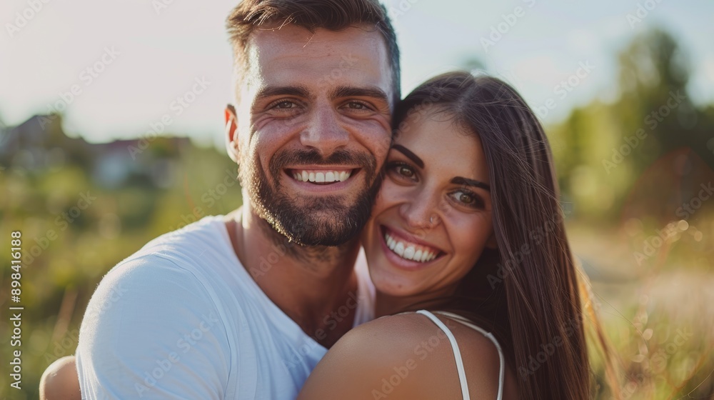 Fototapeta premium In the woods, black couple hugs and smiles in love, romance, or vacation. Happiness image, man and woman embrace in Atlanta woodland or woods