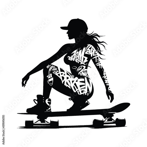 Skateboarding, longboarding  female player in graffiti tags, street art pattern illustration, emblem shield badge