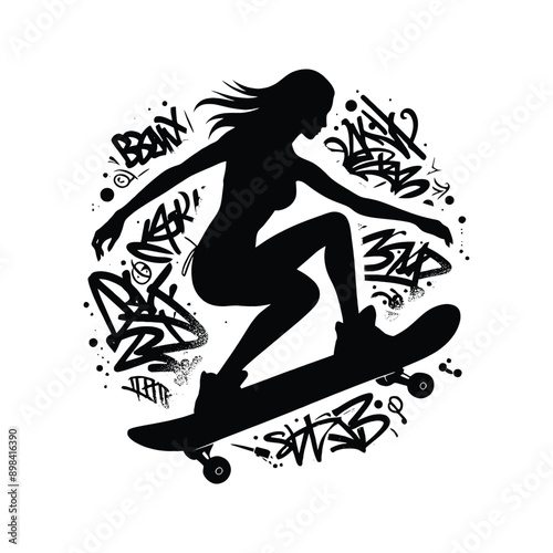 Skateboarding, longboarding  female player in graffiti tags, street art pattern illustration, emblem shield badge