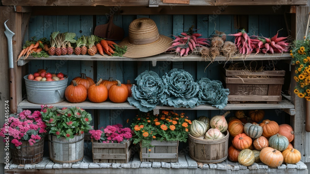 On the shelves are the fruits of the fall harvest, including pumpkins, zucchini and root vegetables, next to the farmer's hat and flowers On the shelves are the fruits of the fall harvest, including pumpkins, zucchini and root vegetables, next to the farmer's hat and flowers