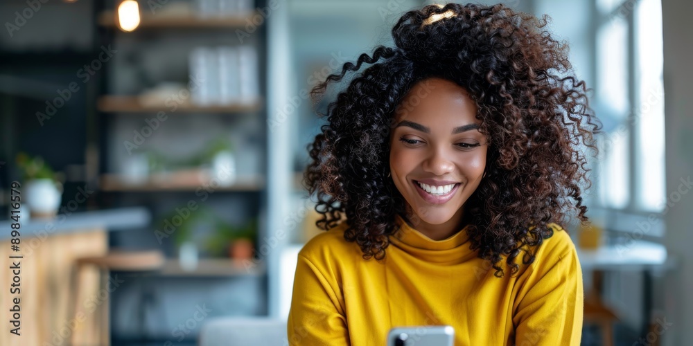 Business phone, office, and smiling black woman for networking, online negotiating, and sales feedback via email. Happy corporate worker using phone or smartphone app at work Business phone, office, and smiling black woman for networking, online negotiating, and sales feedback via email. Happy corporate worker using phone or smartphone app at work