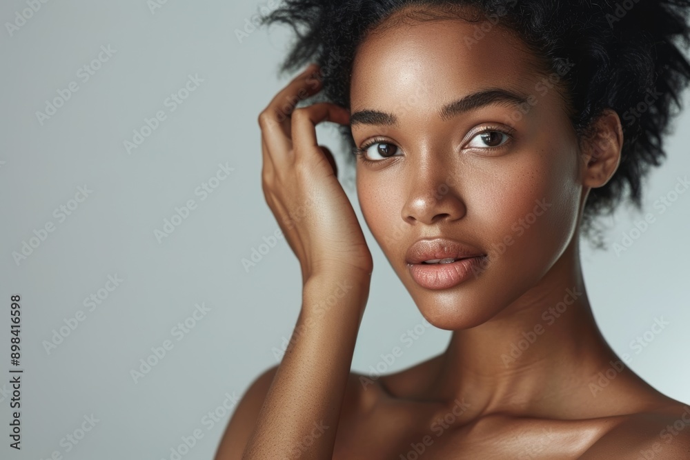 Natural or wellness skincare portrait of black woman in studio with makeup or shine. Fresh face, clean detox, or confident African girl model with dermatological results on white backdrop. Natural or wellness skincare portrait of black woman in studio with makeup or shine. Fresh face, clean detox, or confident African girl model with dermatological results on white backdrop.