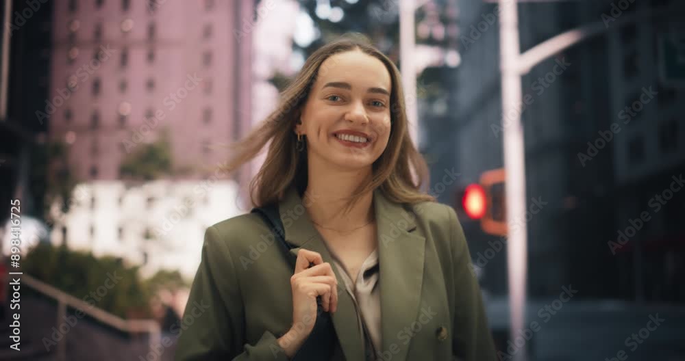 Successful Caucasian Woman in a Green Blazer Stands Confidently on a City Street, Smiling Warmly. Urban Lifestyle, Fashion, and Professional Success. Successful Caucasian Woman in a Green Blazer Stands Confidently on a City Street, Smiling Warmly. Urban Lifestyle, Fashion, and Professional Success.