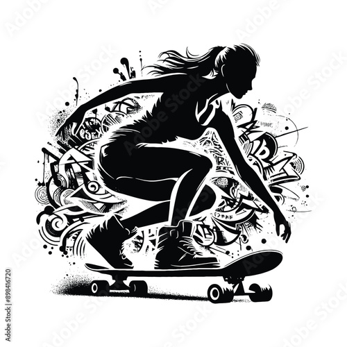 Skateboarding, longboarding  female player in graffiti tags, street art pattern illustration, emblem shield badge