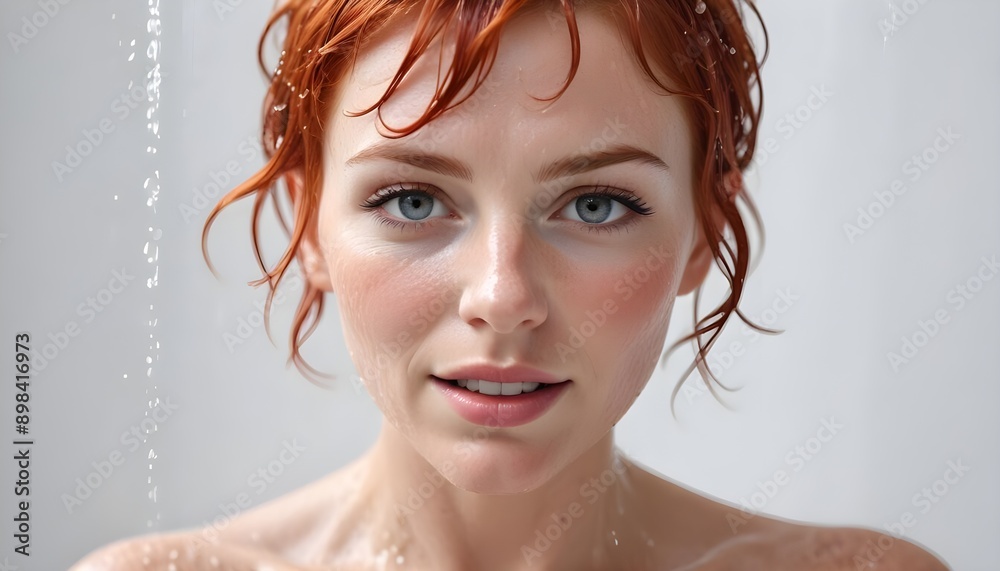 A radiant woman with short red hair, basking in the reviving water flow of a shower, droplets cascading down her face on a pristine white background A radiant woman with short red hair, basking in the reviving water flow of a shower, droplets cascading down her face on a pristine white background