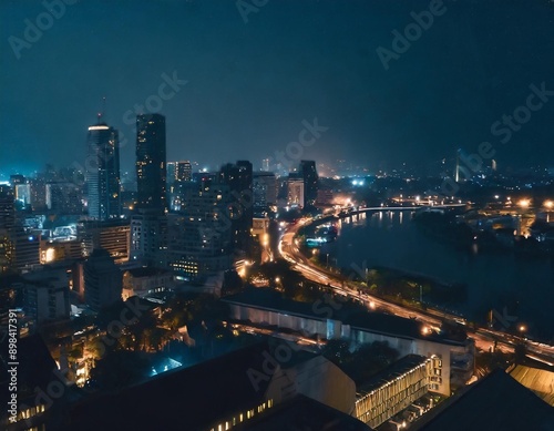 Wallpaper Mural 上空から見た高層ビルと川が見える夜の街の風景 Torontodigital.ca