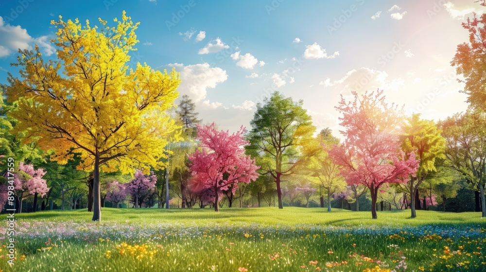 A beautiful park with a variety of trees in full bloom, their vibrant colors contrasting against a clear, sunny sky, symbolizing life and vitality. A beautiful park with a variety of trees in full bloom, their vibrant colors contrasting against a clear, sunny sky, symbolizing life and vitality.