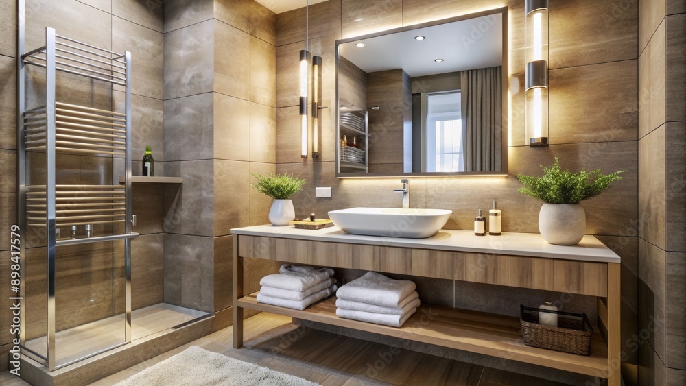 Modern compact bathroom features sleek vanity with sink, large mirror, and stainless steel towel rack, creating a stylish and functional personal space. Modern compact bathroom features sleek vanity with sink, large mirror, and stainless steel towel rack, creating a stylish and functional personal space.