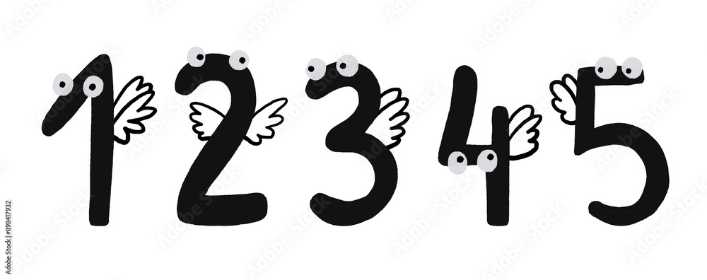 Set of numbers from one to five. Handwritten numbers for kids. Children's birthday. Children's cartoon illustration on isolated background Set of numbers from one to five. Handwritten numbers for kids. Children's birthday. Children's cartoon illustration on isolated background