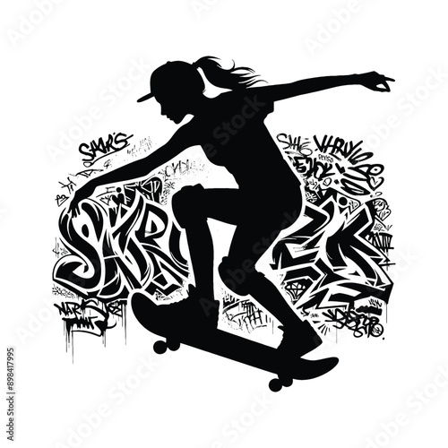 Skateboarding, longboarding  female player in graffiti tags, street art pattern illustration, emblem shield badge